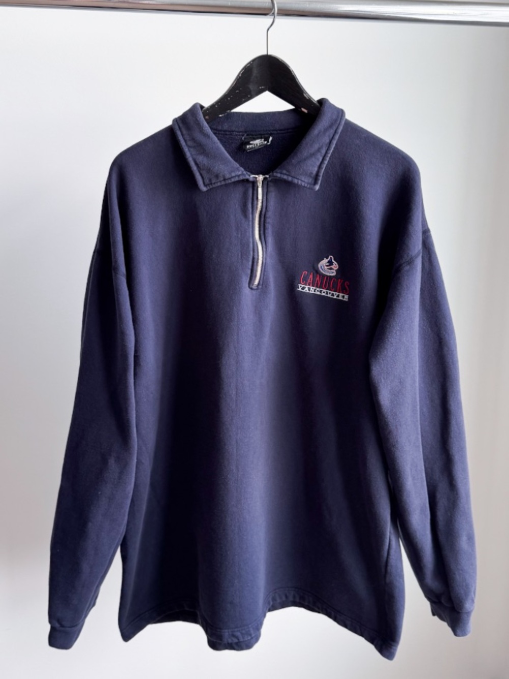 Vtg 90s Vancouver Canucks Quarter Zip Sweatshirt L Bulletin Made in Canada Navy